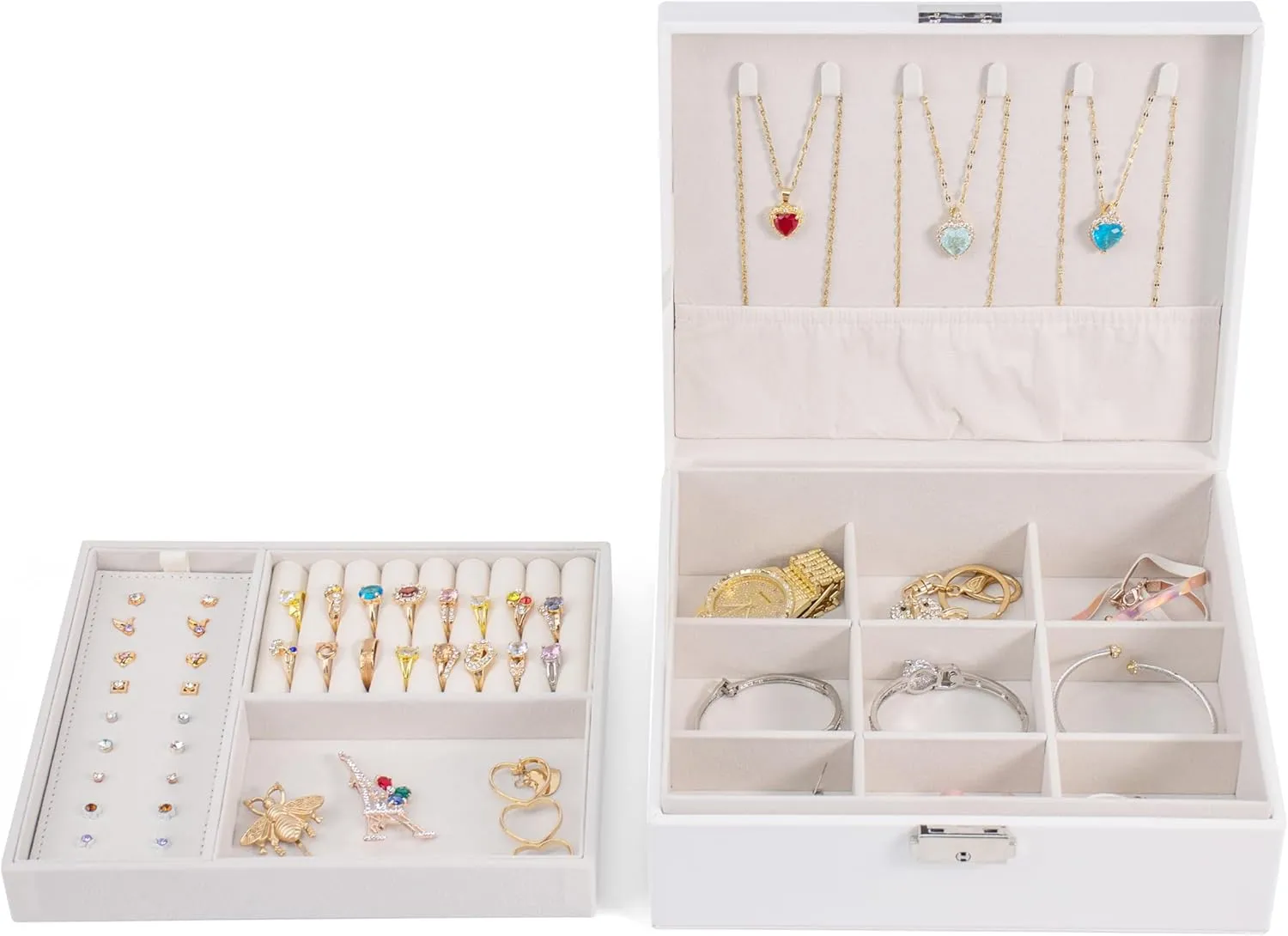 One Modern May Jewelry Box with Lock and Key for Teen Girls College Students and Women with Lift Out Tray and Silver Lock - 9 x 7.5 x 3.4 inches