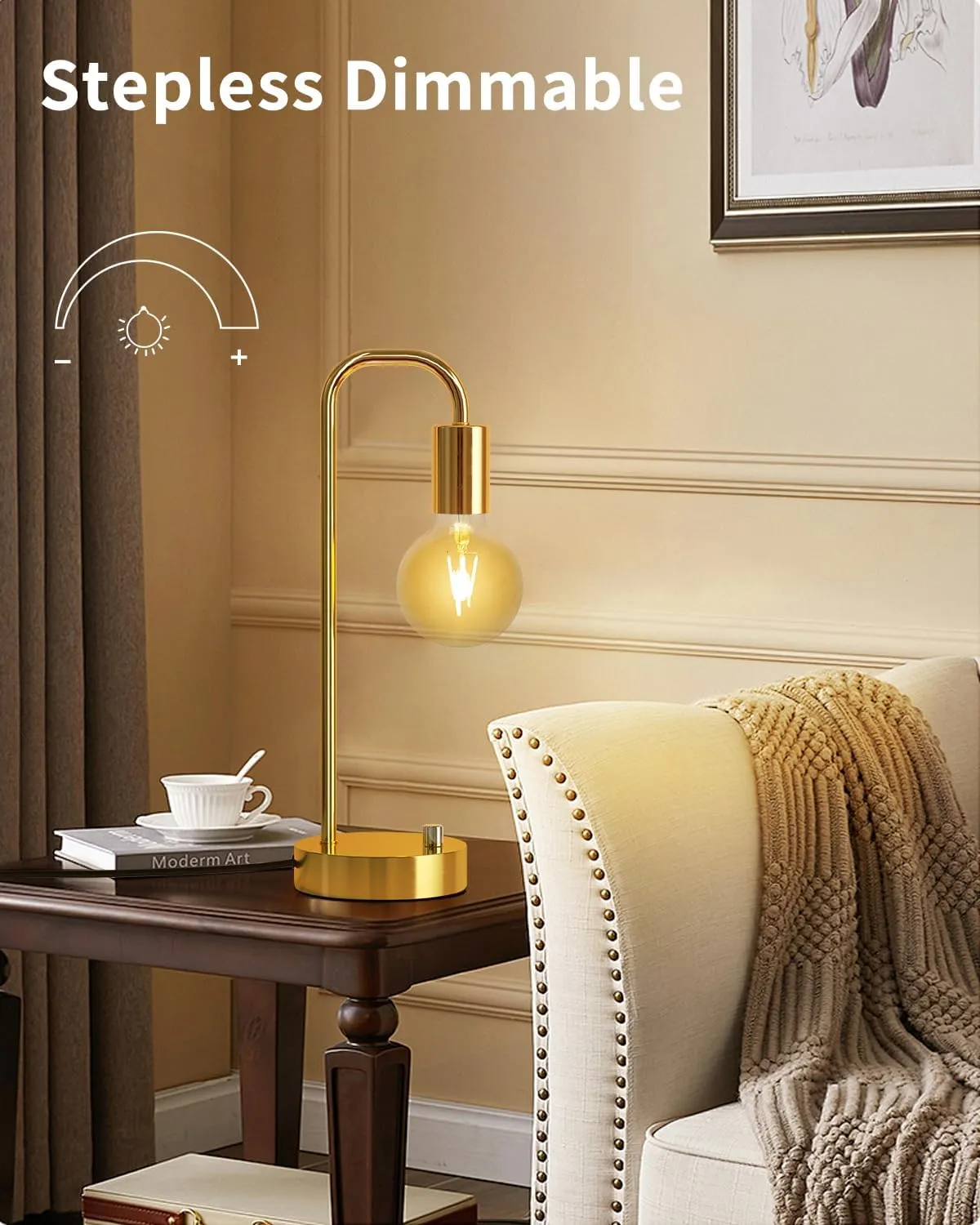 ONEWISH Industrial Table Lamp with 2 USB Port, Stepless Dimmable Nightstand Bedside Lamps for Bedroom,Desk Lamps with 2700K Gold Gradient Bulb for Reading Living Room