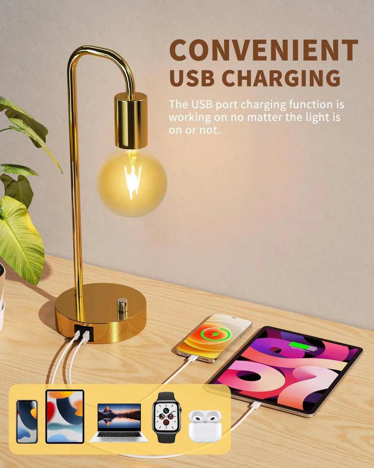 ONEWISH Industrial Table Lamp with 2 USB Port, Stepless Dimmable Nightstand Bedside Lamps for Bedroom,Desk Lamps with 2700K Gold Gradient Bulb for Reading Living Room