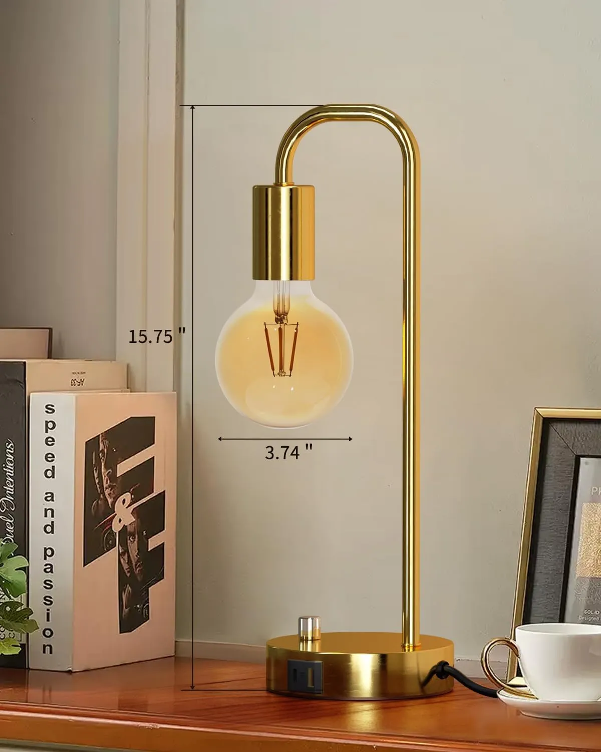 ONEWISH Industrial Table Lamp with 2 USB Port, Stepless Dimmable Nightstand Bedside Lamps for Bedroom,Desk Lamps with 2700K Gold Gradient Bulb for Reading Living Room
