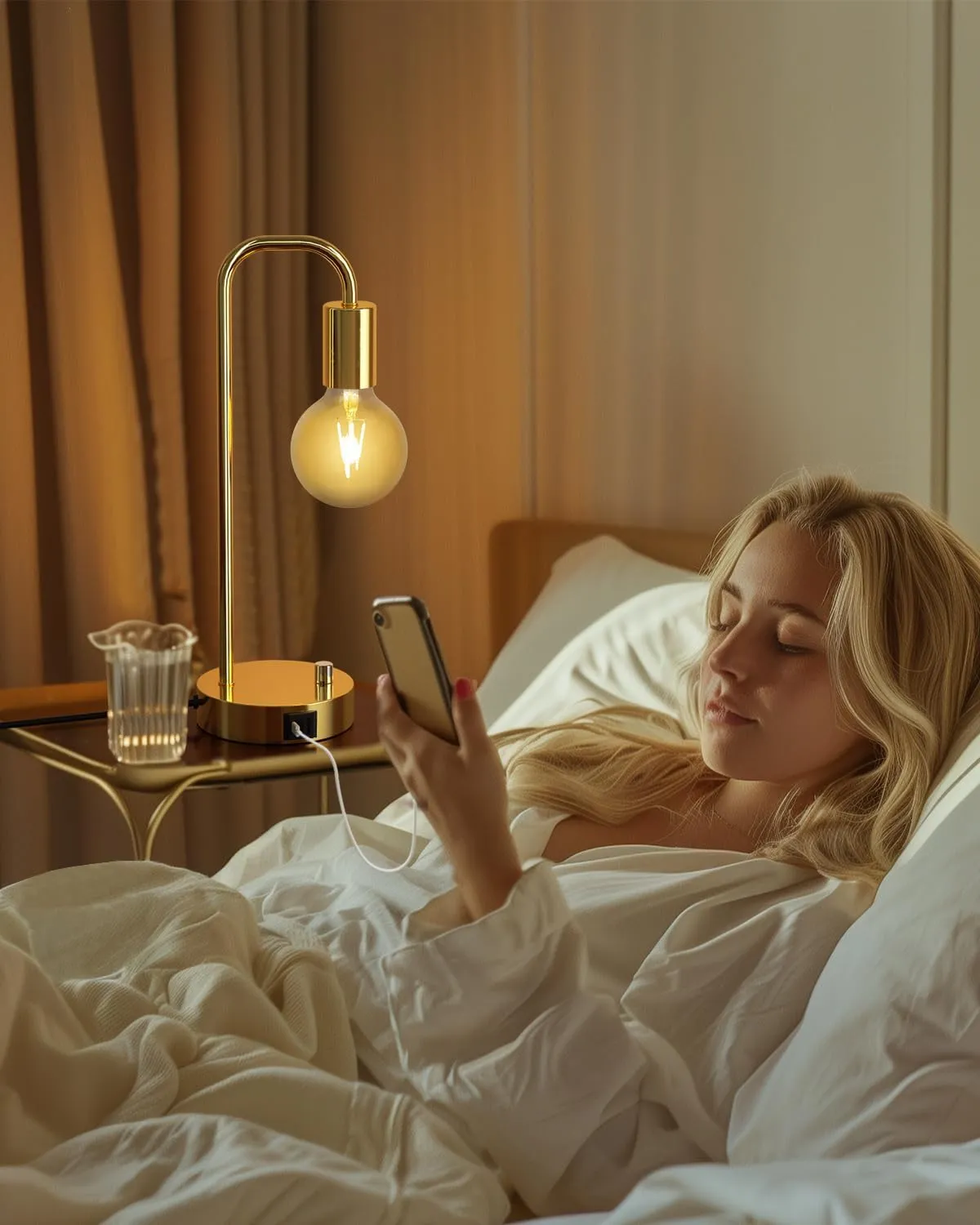 ONEWISH Industrial Table Lamp with 2 USB Port, Stepless Dimmable Nightstand Bedside Lamps for Bedroom,Desk Lamps with 2700K Gold Gradient Bulb for Reading Living Room