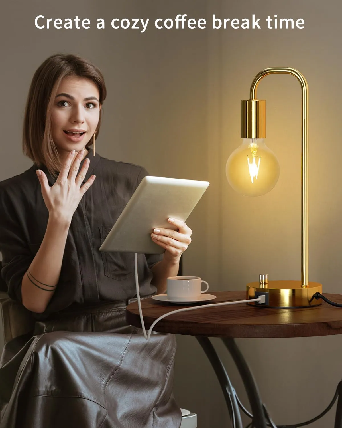 ONEWISH Industrial Table Lamp with 2 USB Port, Stepless Dimmable Nightstand Bedside Lamps for Bedroom,Desk Lamps with 2700K Gold Gradient Bulb for Reading Living Room
