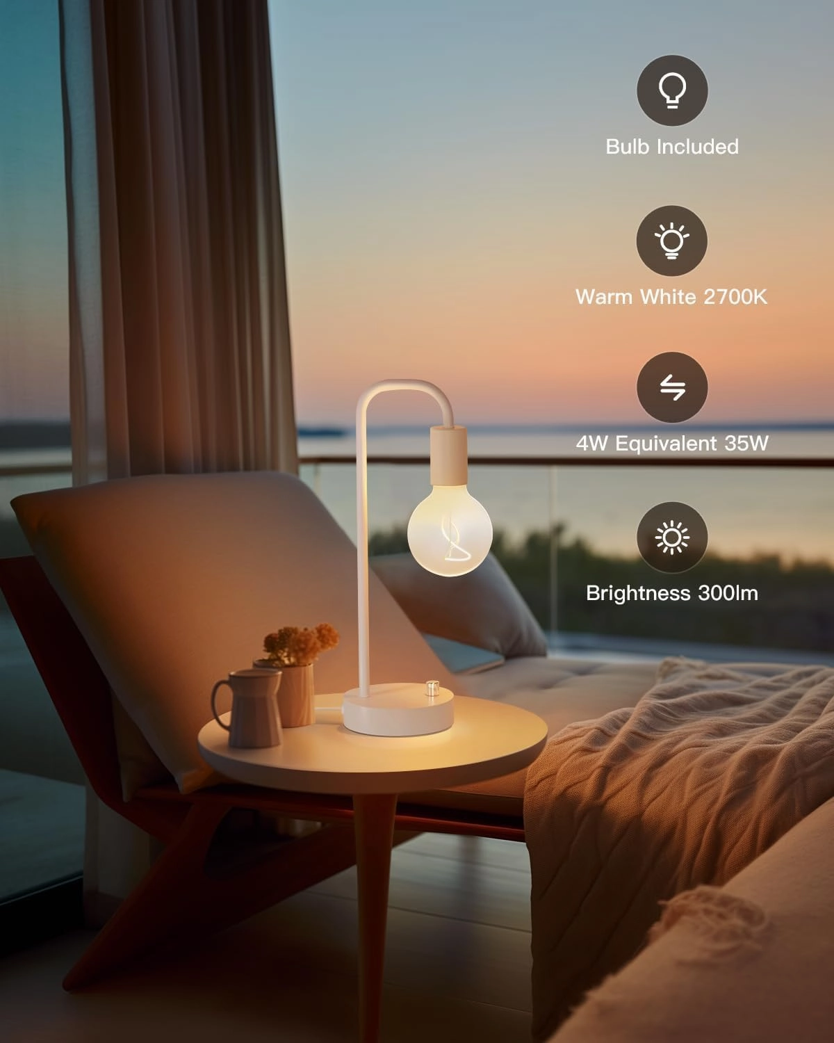 ONEWISH Industrial Small Table Lamp for Bedroom, Fully Dimmable Modern Beside Lamps with 2700K Warm Light Bulb for Kids Reading, White Nightstand Lamps for Living Room, Dorm,Home Office