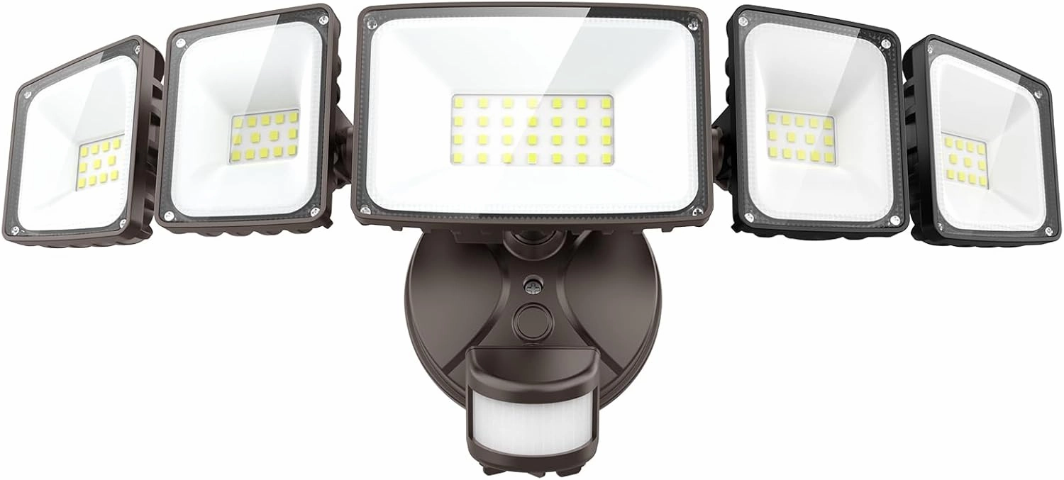 Onforu 5 Heads 55W LED Security Lights Motion Sensor Outdoor, 360° Wide Angle Illumination, 5000LM Flood Light, 6500K, IP65 Waterproof, Hardwired Wall Light for Garage, Yard, Porch, Entryway (Brown)