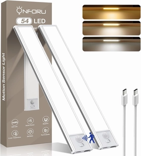 Onforu Under Cabinet Lighting, 54 LED Motion Sensor Light, Dimmable & 3 Color Temperature Closet Lights, 1500mAh USB Rechargeable Battery Operated, Magnetic Wireless Under Cabinet Lights for Kitchen