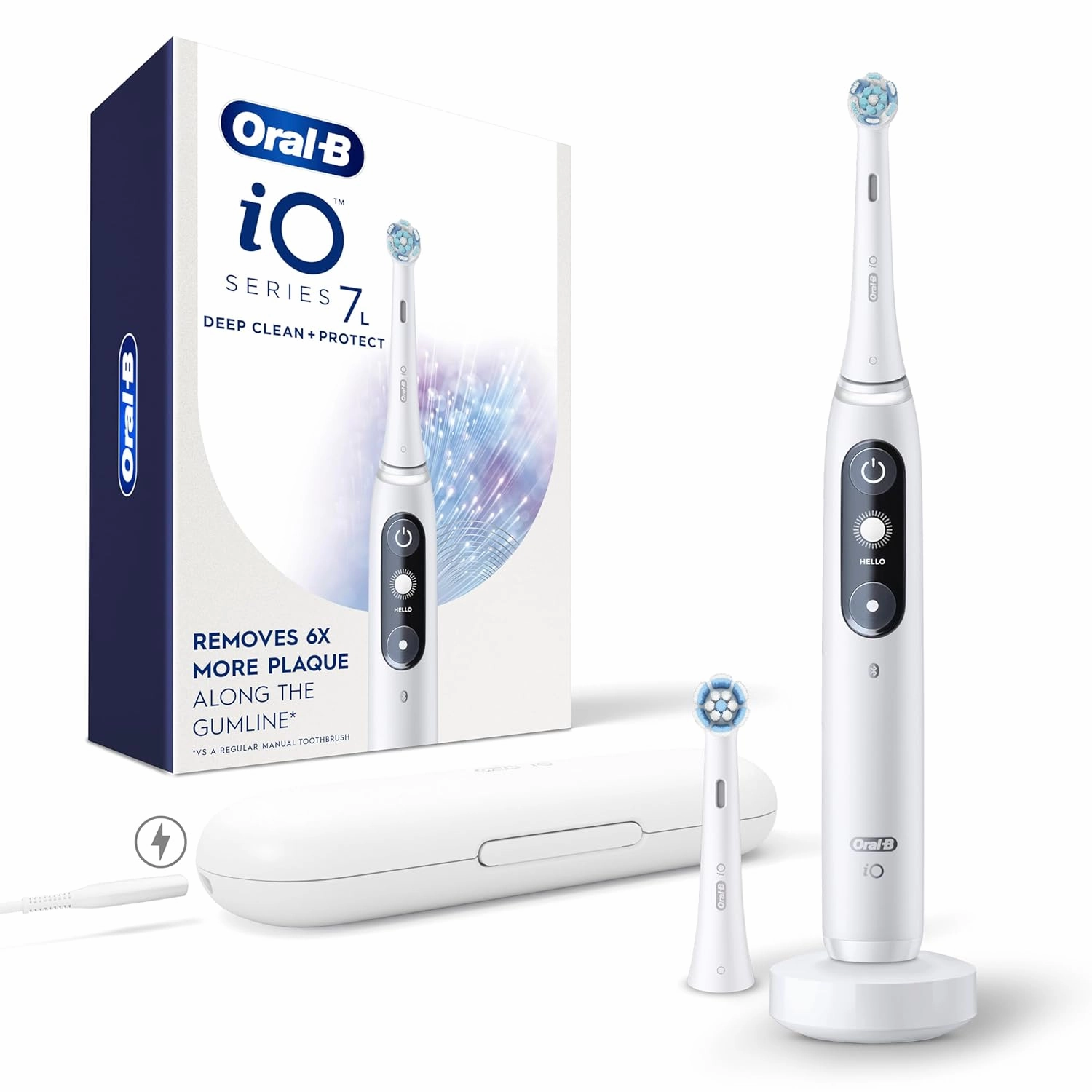 Oral-B iO Deep Clean   Protect Rechargeable Electric Toothbrush, White with a iO Series 7 Toothbrush, 2 Replacement Brush Heads, and a Charging Travel Case
