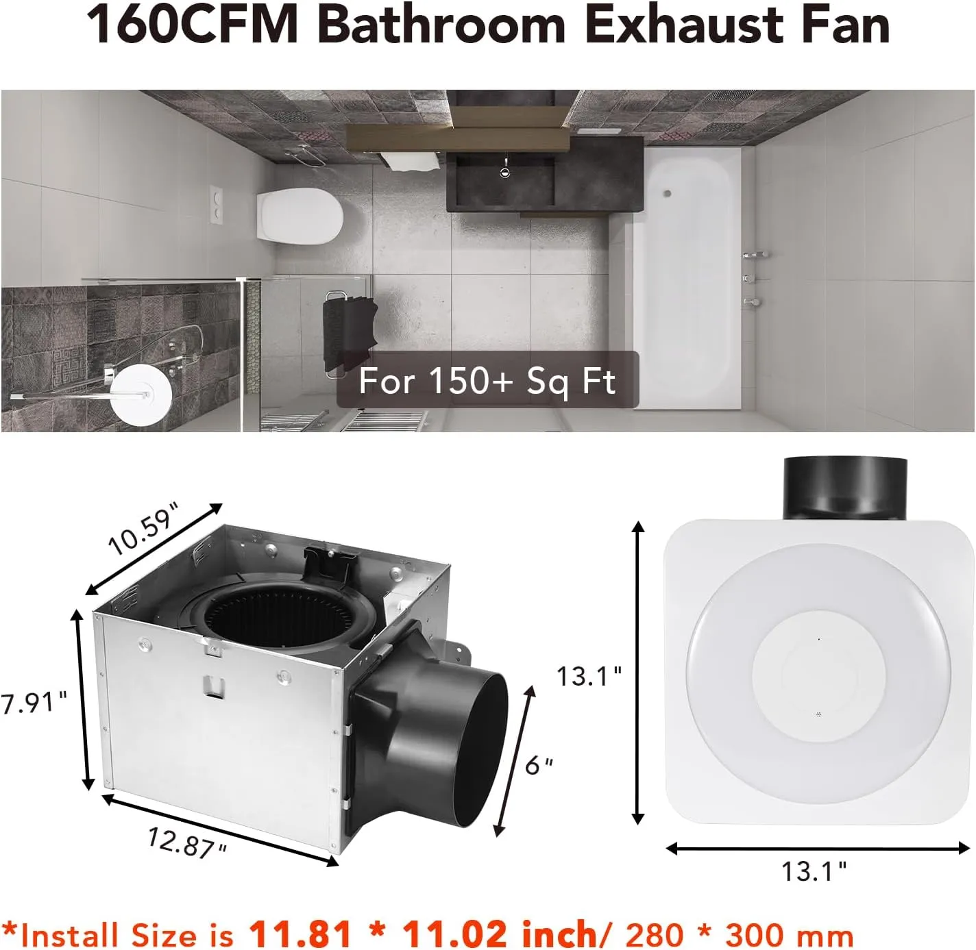 OREiN OL003 Bathroom Exhaust Fan with Light, 40W Humidity Sensor, 160 CFM 1.0 Sones Bathroom Vent Fan with Light, 1500lm 3000K/4000K/5000K Selectable & Nightlight, Ceiling Opening Size 11.81" x 11.02"