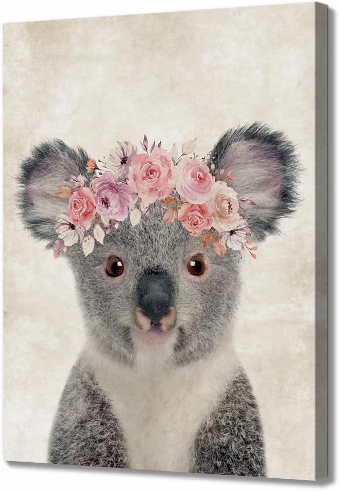ORIDOMY Retro Koala Canvas Wall Art Country Animal Printing Funny Koala with Garland Wall Décor Rustic Home Artwork for Nursery Decor Bathroom Kitchen Kid's Room Decoration 12x16inch