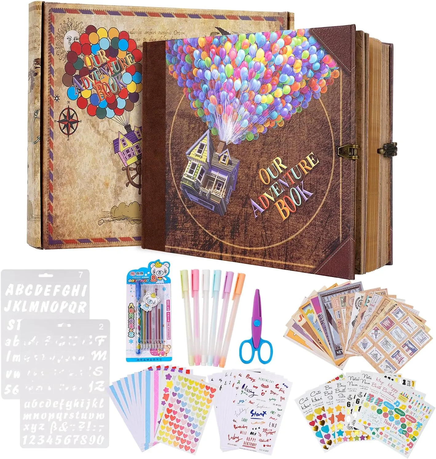 Our Adventure Book 146 Pages Scrapbook Photo Album with Scrapbooking Supplies, 3D Retro Embossed Letter Leather Hard Cover Movie Up Memory Book For Couples