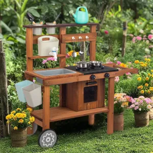 Outdoor Kitchen for Kids,Mud Kitchen Wooden Toy Playset with Wheels, Kettle, Sink, Wooden Plant Container and Kitchen Accessories, for Children Ages 3  Years