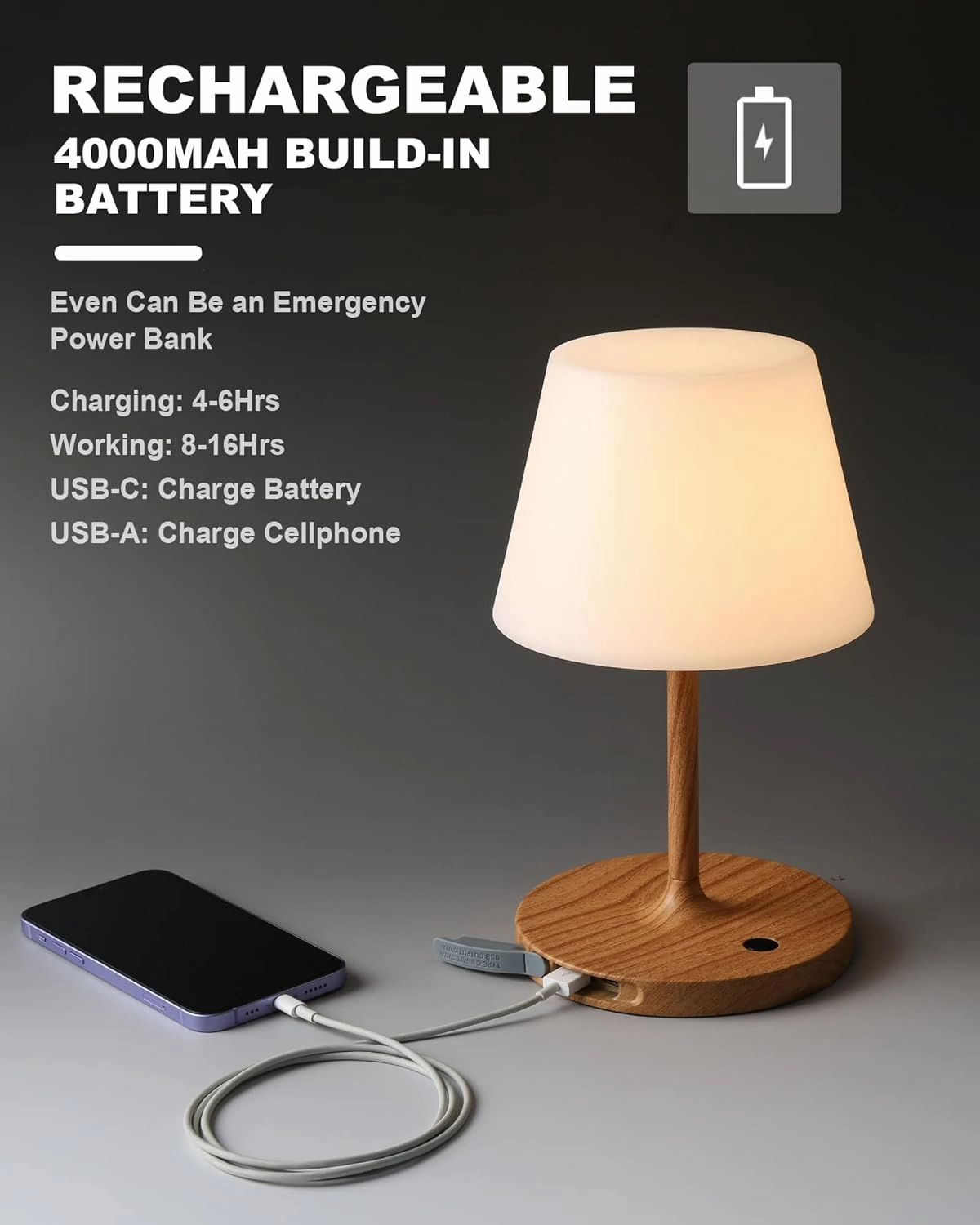 Outdoor Battery Operated Table Lamp Waterproof, 4000mAh Cordless Rechargeable, Touch Dimmable Desk Lamp, LED Night Light for Patio Camping Restaurant Home, H9.6in, Wood Grain