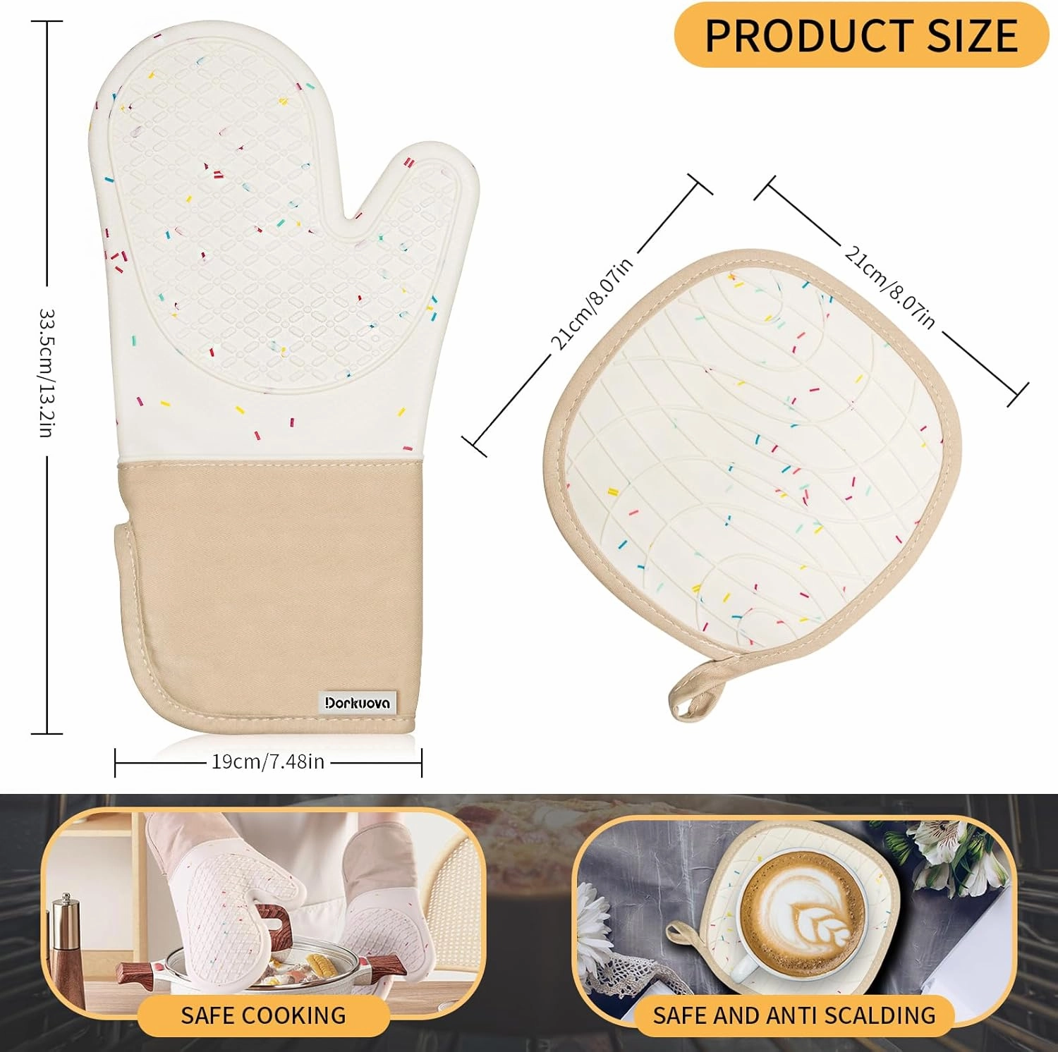 Oven Glove Cute,Cooking Mittens,Oven Mittens for Kitchen,Oven Gloves for Kitchen,Washable Silicone Oven Mitts Heat Resistant 500°F, Potholders for Kitchens Cooking Baking(Cream