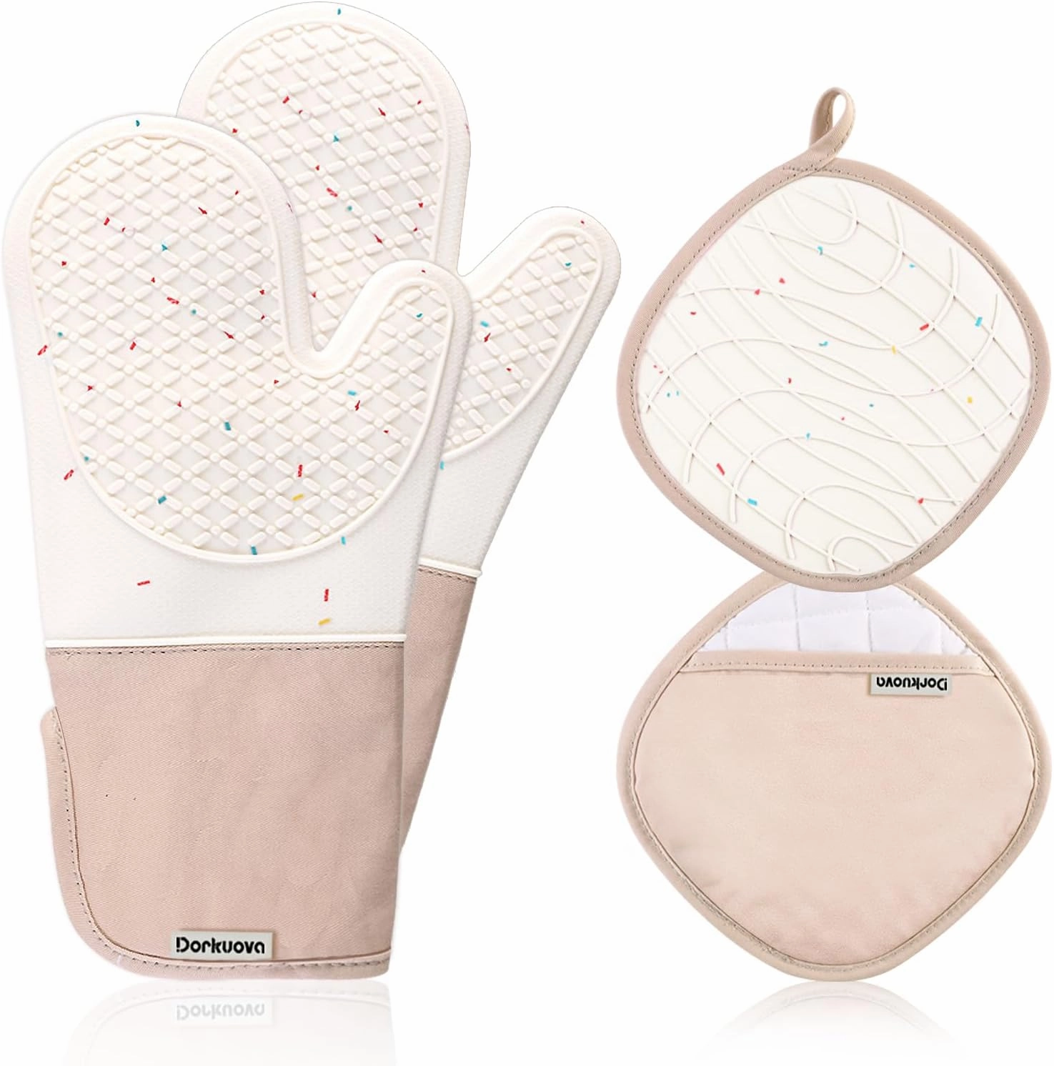 Oven Glove Cute,Cooking Mittens,Oven Mittens for Kitchen,Oven Gloves for Kitchen,Washable Silicone Oven Mitts Heat Resistant 500°F, Potholders for Kitchens Cooking Baking(Cream