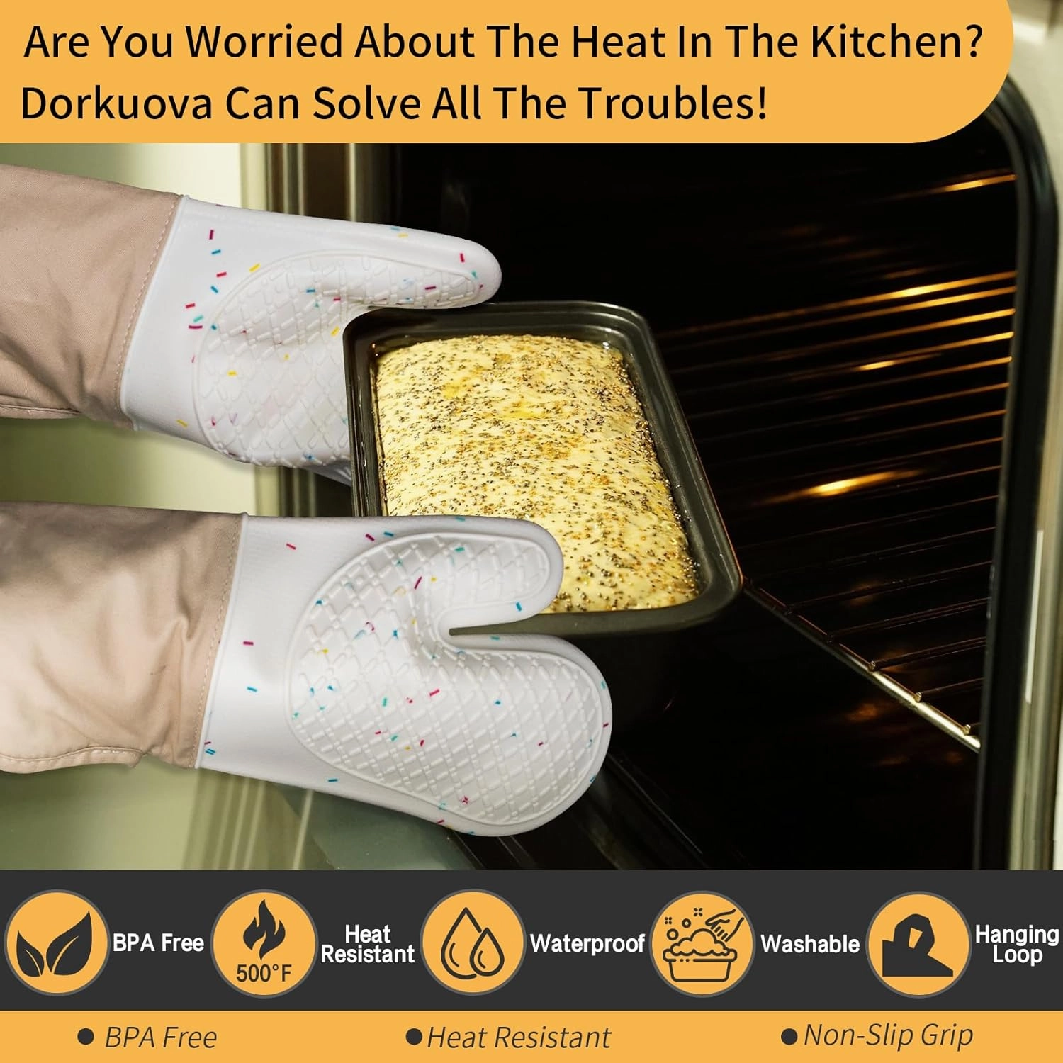 Oven Glove Cute,Cooking Mittens,Oven Mittens for Kitchen,Oven Gloves for Kitchen,Washable Silicone Oven Mitts Heat Resistant 500°F, Potholders for Kitchens Cooking Baking(Cream