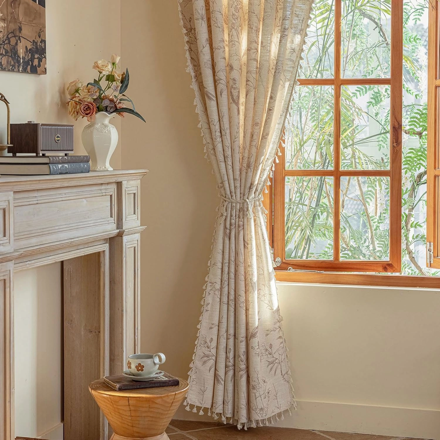 OYX Boho Curtains, Floral Curtains Beige with Garden Birds, Farmhouse Birds Drapes 84 Inches Length Semi Blackout, Rod Pocket Vintage French Country Window Curtain Set 2 Panels for Kitchen, Bedrooms