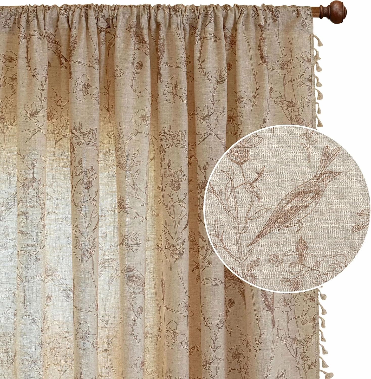 OYX Boho Curtains, Floral Curtains Beige with Garden Birds, Farmhouse Birds Drapes 84 Inches Length Semi Blackout, Rod Pocket Vintage French Country Window Curtain Set 2 Panels for Kitchen, Bedrooms