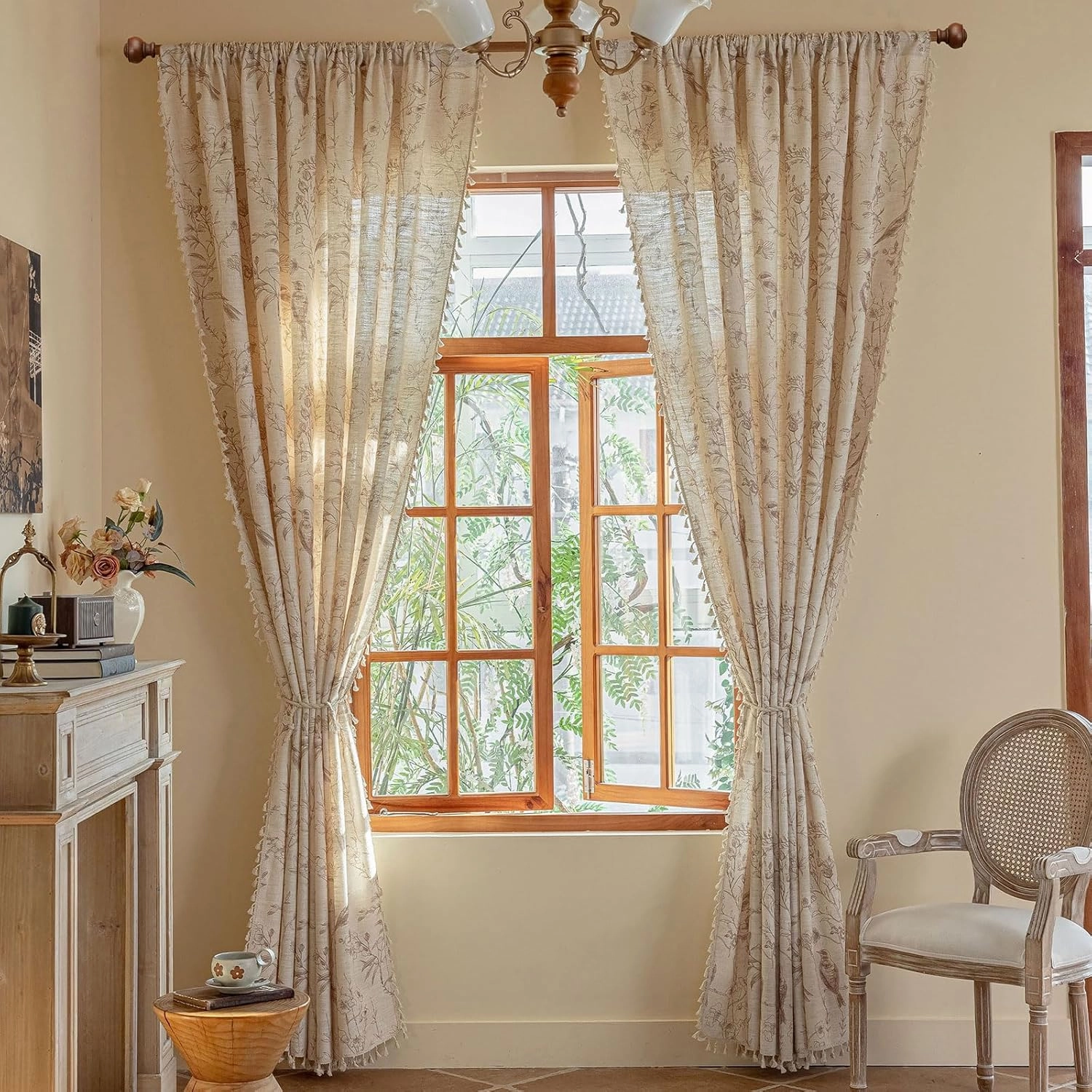 OYX Boho Curtains, Floral Curtains Beige with Garden Birds, Farmhouse Birds Drapes 84 Inches Length Semi Blackout, Rod Pocket Vintage French Country Window Curtain Set 2 Panels for Kitchen, Bedrooms