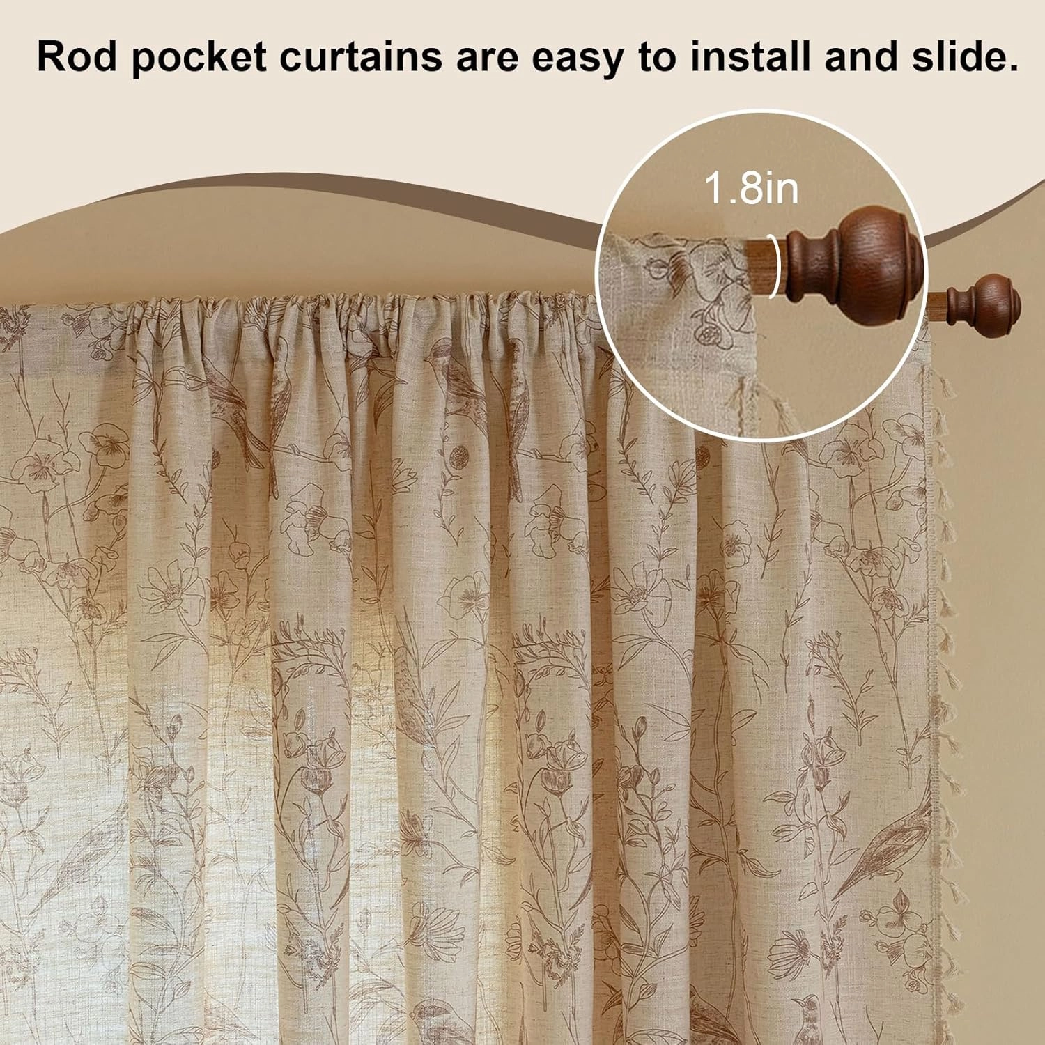 OYX Boho Curtains, Floral Curtains Beige with Garden Birds, Farmhouse Birds Drapes 84 Inches Length Semi Blackout, Rod Pocket Vintage French Country Window Curtain Set 2 Panels for Kitchen, Bedrooms
