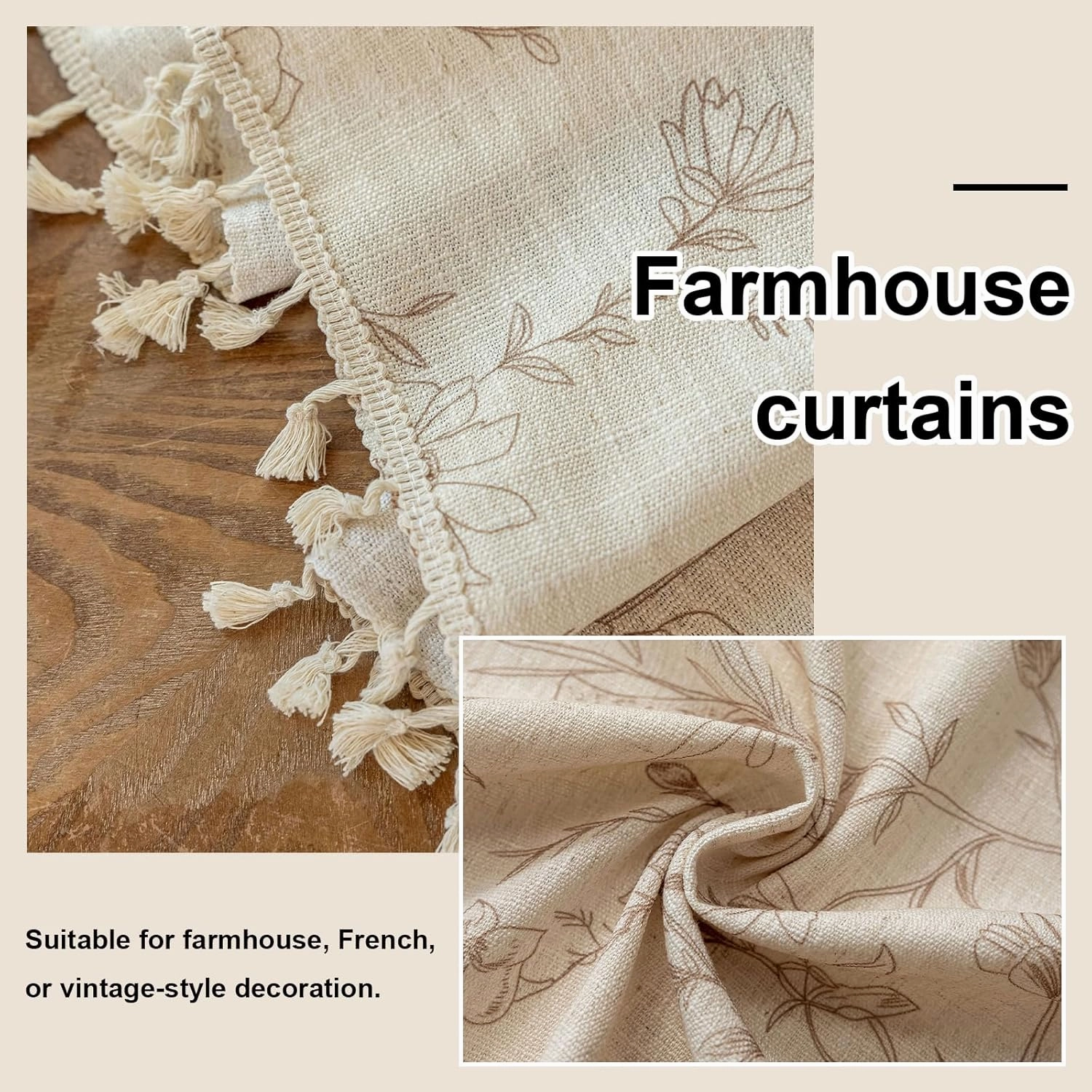 OYX Boho Curtains, Floral Curtains Beige with Garden Birds, Farmhouse Birds Drapes 84 Inches Length Semi Blackout, Rod Pocket Vintage French Country Window Curtain Set 2 Panels for Kitchen, Bedrooms