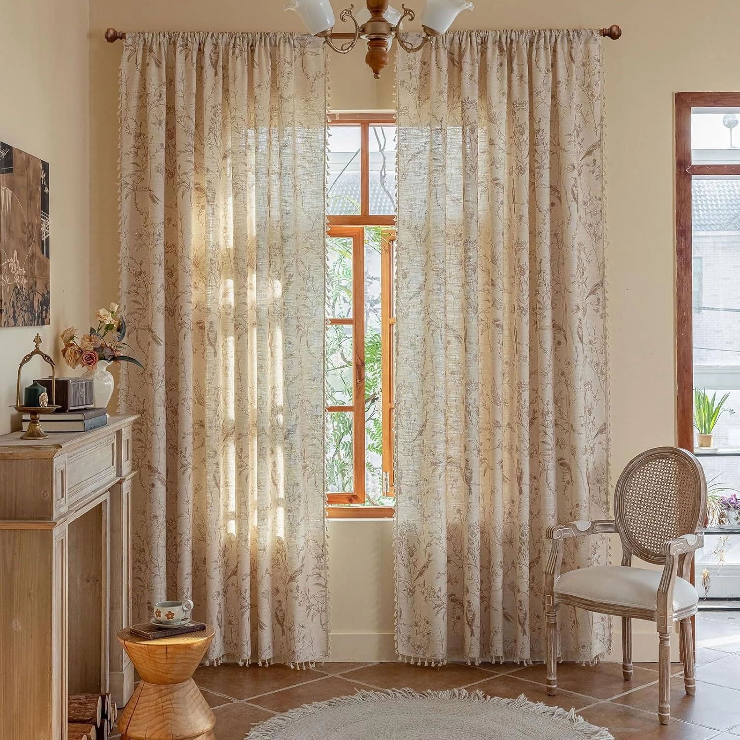 OYX Boho Curtains, Floral Curtains Beige with Garden Birds, Farmhouse Birds Drapes 84 Inches Length Semi Blackout, Rod Pocket Vintage French Country Window Curtain Set 2 Panels for Kitchen, Bedrooms