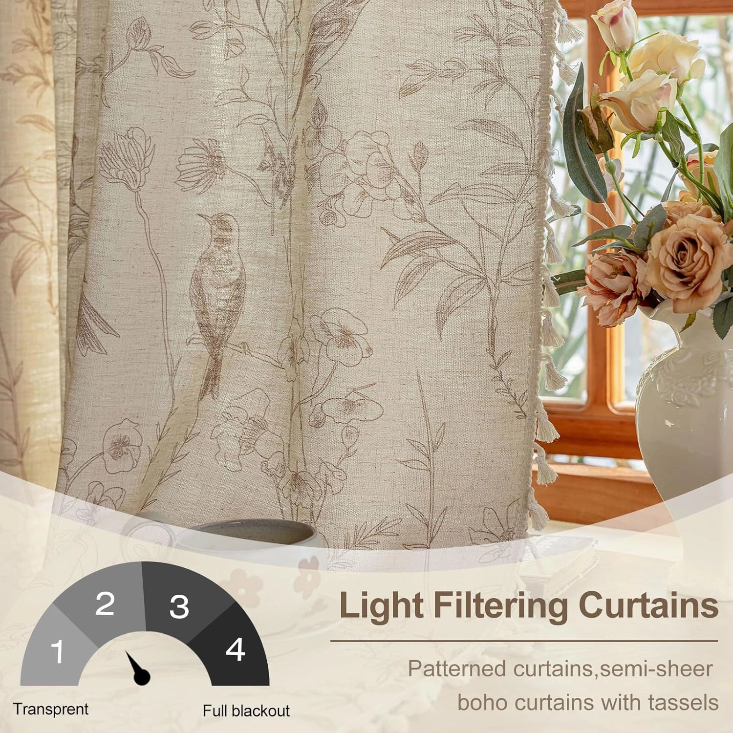 OYX Boho Curtains, Floral Curtains Beige with Garden Birds, Farmhouse Birds Drapes 84 Inches Length Semi Blackout, Rod Pocket Vintage French Country Window Curtain Set 2 Panels for Kitchen, Bedrooms
