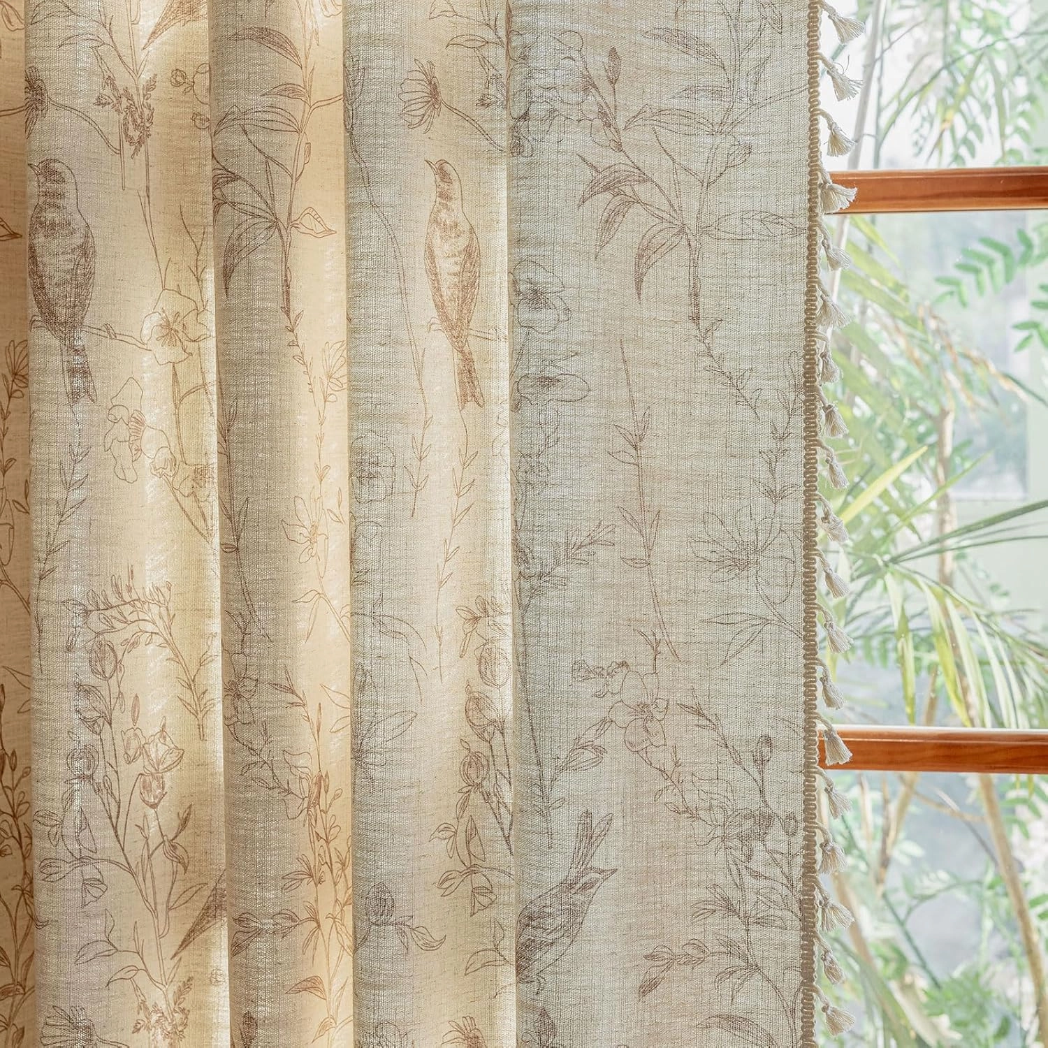 OYX Boho Curtains, Floral Curtains Beige with Garden Birds, Farmhouse Birds Drapes 84 Inches Length Semi Blackout, Rod Pocket Vintage French Country Window Curtain Set 2 Panels for Kitchen, Bedrooms