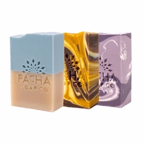 Pacha Best Sellers Bar Soap 3 Pack | Premium, Handcrafted, Hydrating | Natural Face Wash, Hand Cleanser, Body Wash | Soothing Essential Oils, 4 oz