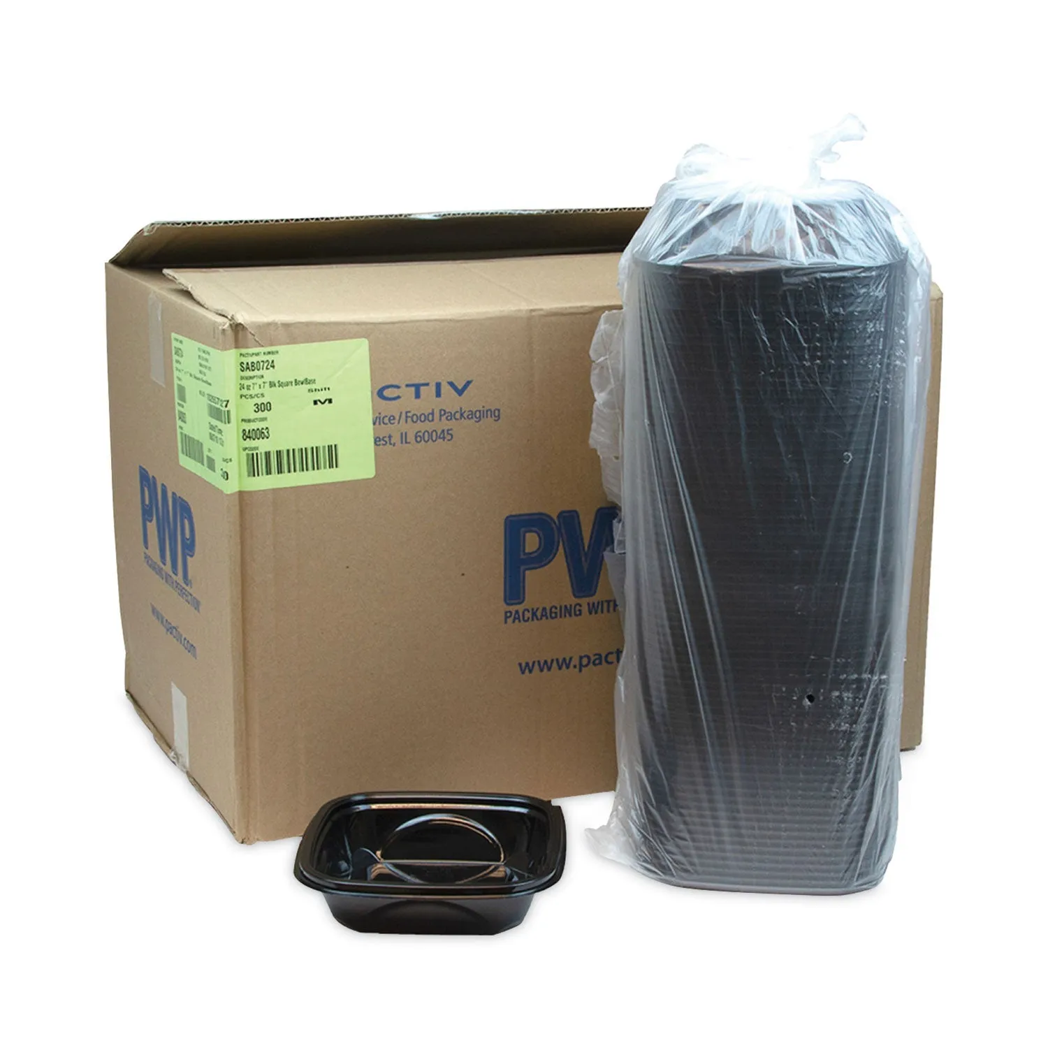 Pactiv Evergreen EarthChoice Square Recycled Bowl, 24 oz, 7 x 7 x 1.52, Black, Plastic, 300/Carton