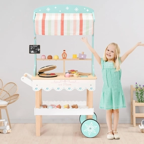 PairPear Wooden Ice Cream Cart for Kids Pretend Play Grocery Store, Ice Cream Truck with Wheels, 2 in 1 Wooden Toy Food Cart Toddler Play Kitchen Gift for Boys Girls 3 