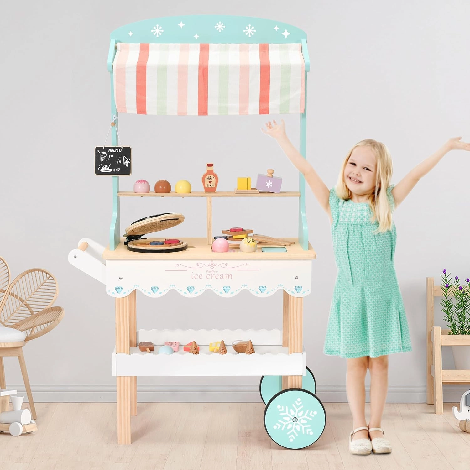 PairPear Wooden Ice Cream Cart for Kids Pretend Play Grocery Store, Ice Cream Truck with Wheels, 2 in 1 Wooden Toy Food Cart Toddler Play Kitchen Gift for Boys Girls 3 