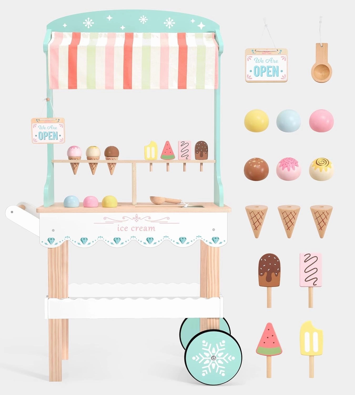 PairPear Wooden Ice Cream Cart for Kids Pretend Play Grocery Store, Ice Cream Truck with Wheels, 2 in 1 Wooden Toy Food Cart Toddler Play Kitchen Gift for Boys Girls 3 