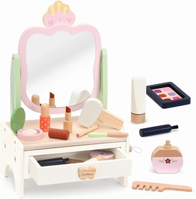 PairPear Wooden Makeup Toy Set, 19Pcs Solid Wood Pretend Makeup Playset Beauty Salon Kit with Detachable Mirror for Kids & Toddlers 3 