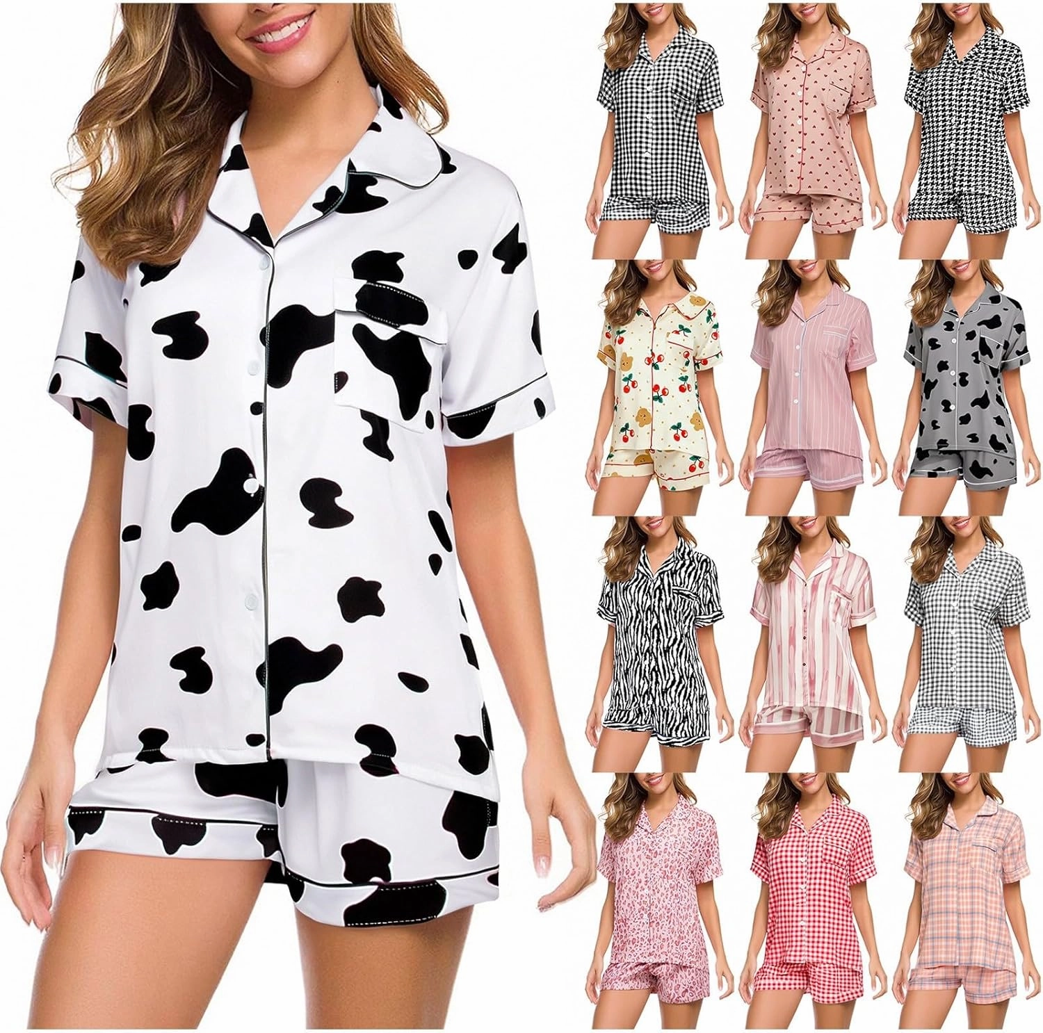 Pajama Set for Women 2 Piece Lounge Set Short Sleeve Button Up Tops and Shorts Soft Sleepwear, Single Chest Pocket