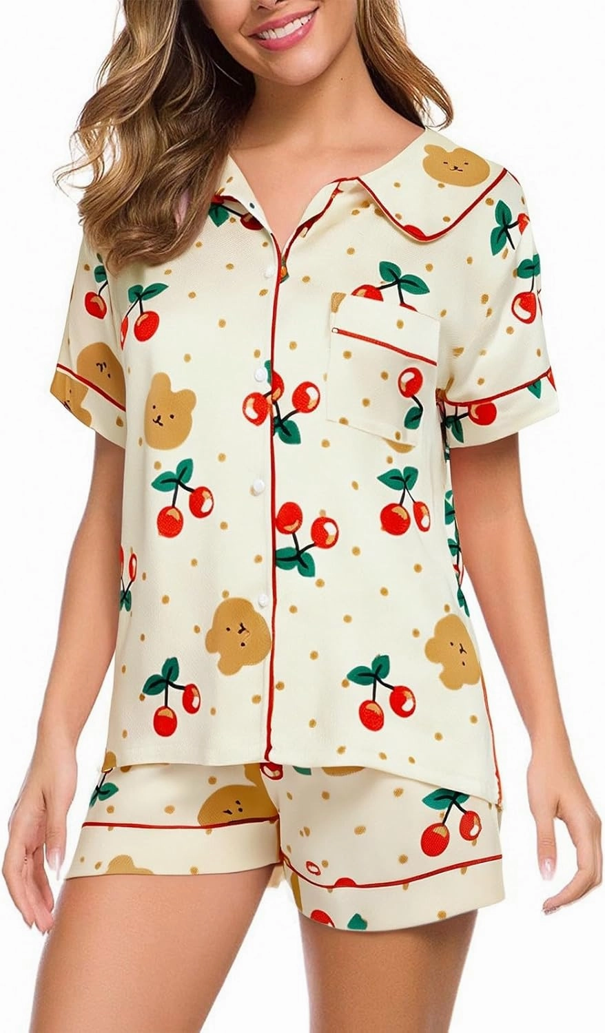 Pajama Set for Women 2 Piece Lounge Set Short Sleeve Button Up Tops and Shorts Soft Sleepwear, Single Chest Pocket