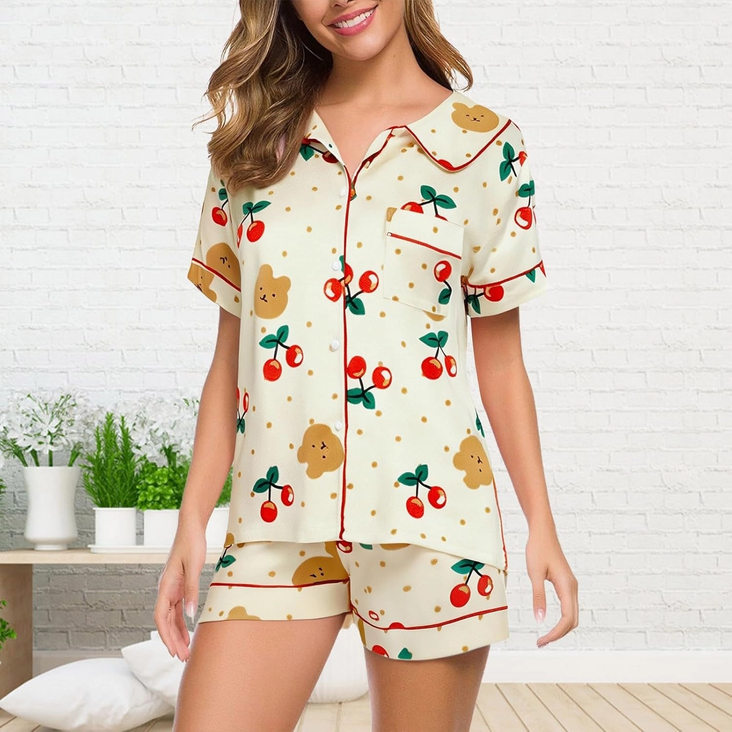 Pajama Set for Women 2 Piece Lounge Set Short Sleeve Button Up Tops and Shorts Soft Sleepwear, Single Chest Pocket