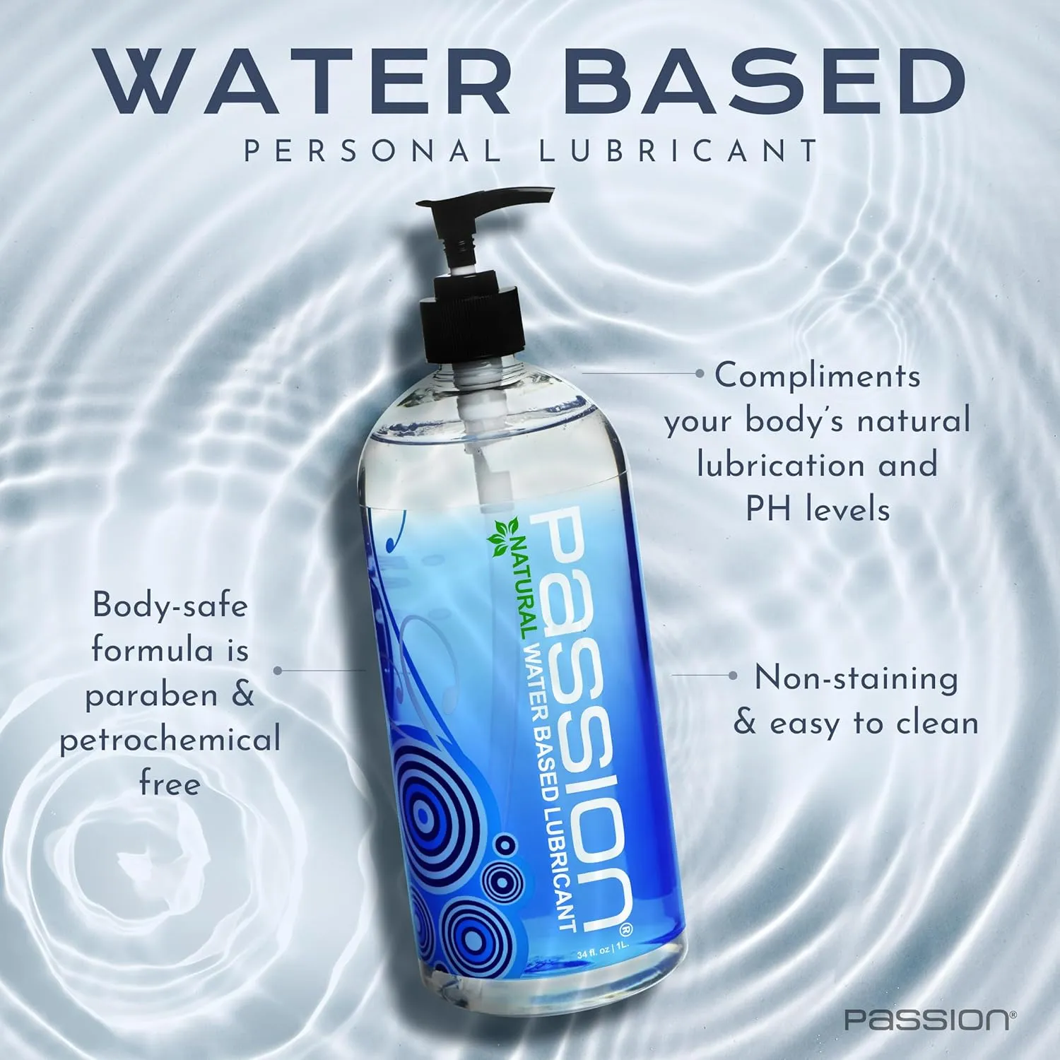Passion Natural Water-Based Personal Lubricant, 34 Fl Oz - Premium, Non-Sticky, Easy-to-Clean Formula for Smooth, Comfortable Use