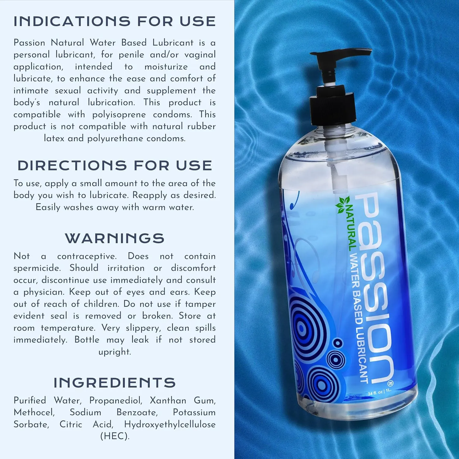 Passion Natural Water-Based Personal Lubricant, 34 Fl Oz - Premium, Non-Sticky, Easy-to-Clean Formula for Smooth, Comfortable Use