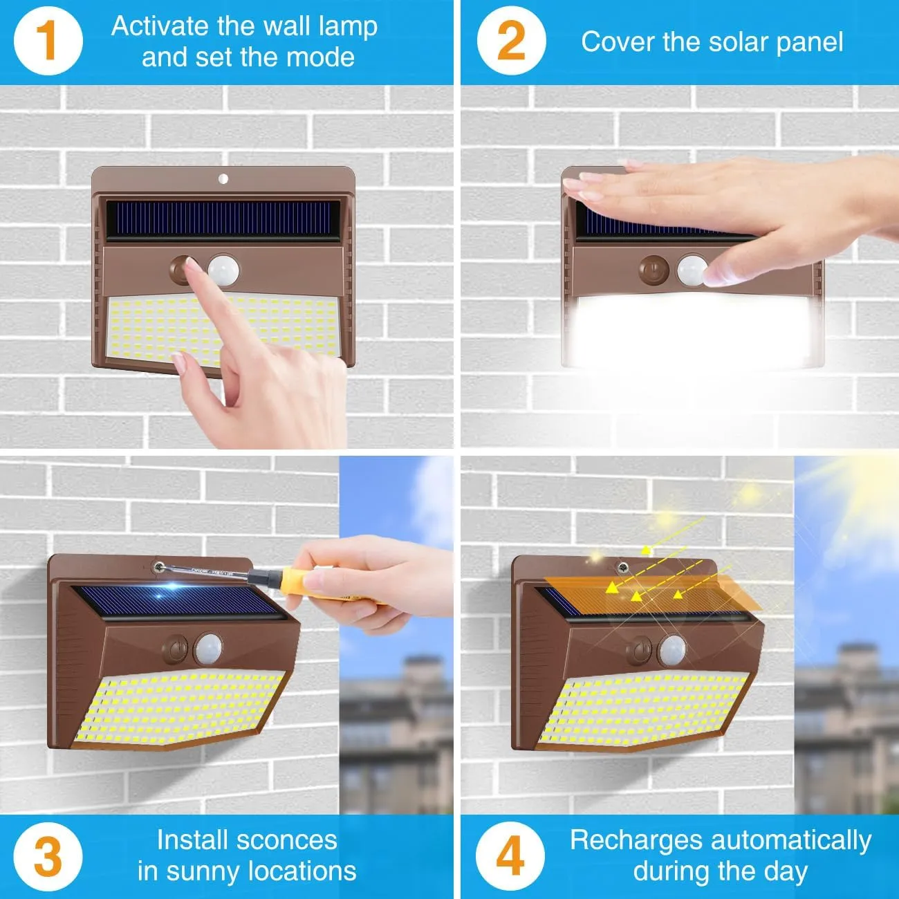 Peasur 6 Packs Solar Outdoor Lights Motion Sensor Solar Security Lights Waterproof with 3 Lighting Modes Solar Powered Wall Lights Outside for Garden Fence Yard Deck, Brown