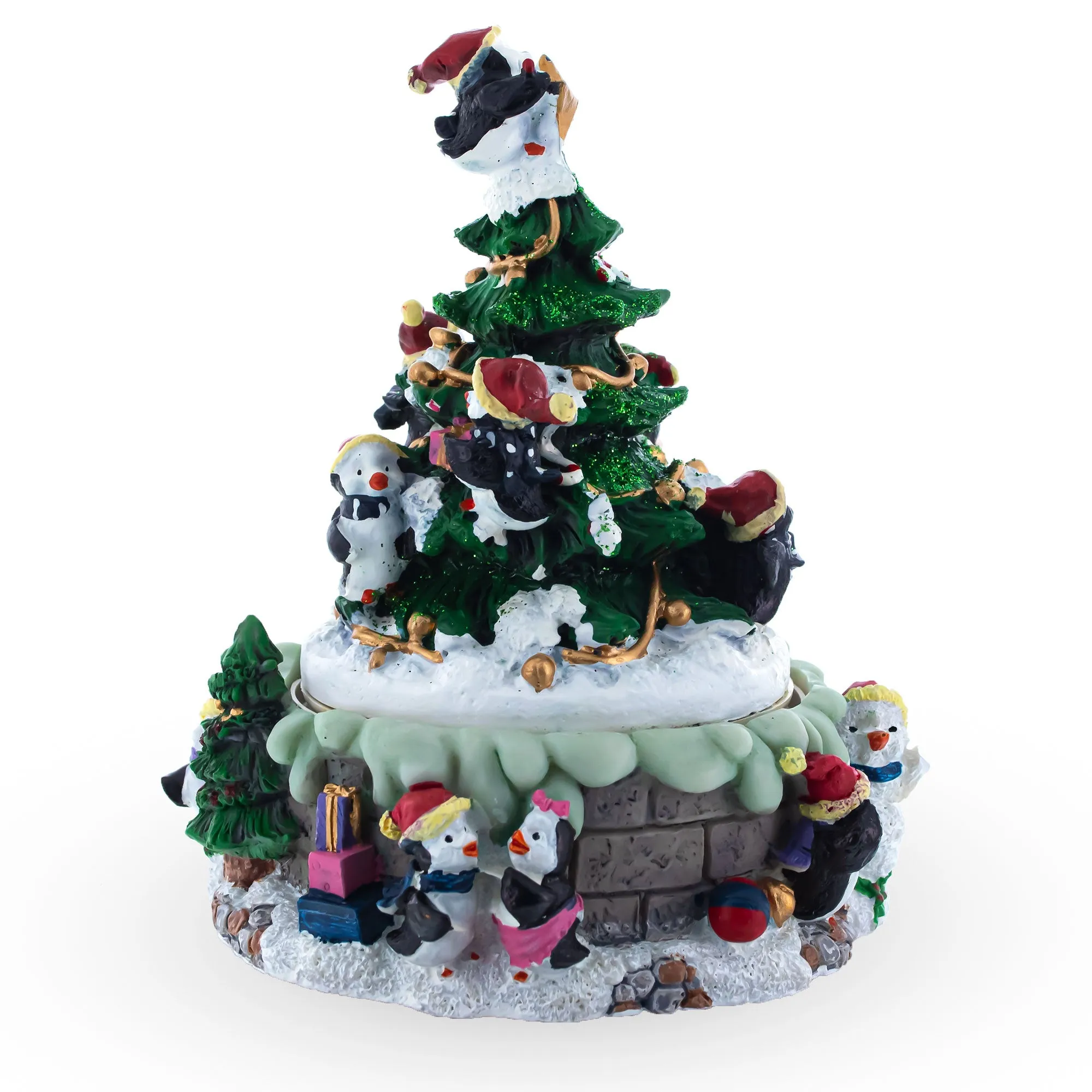 Penguin Festivity: Spinning Christmas Tree Musical Figurine with Decorating Penguins