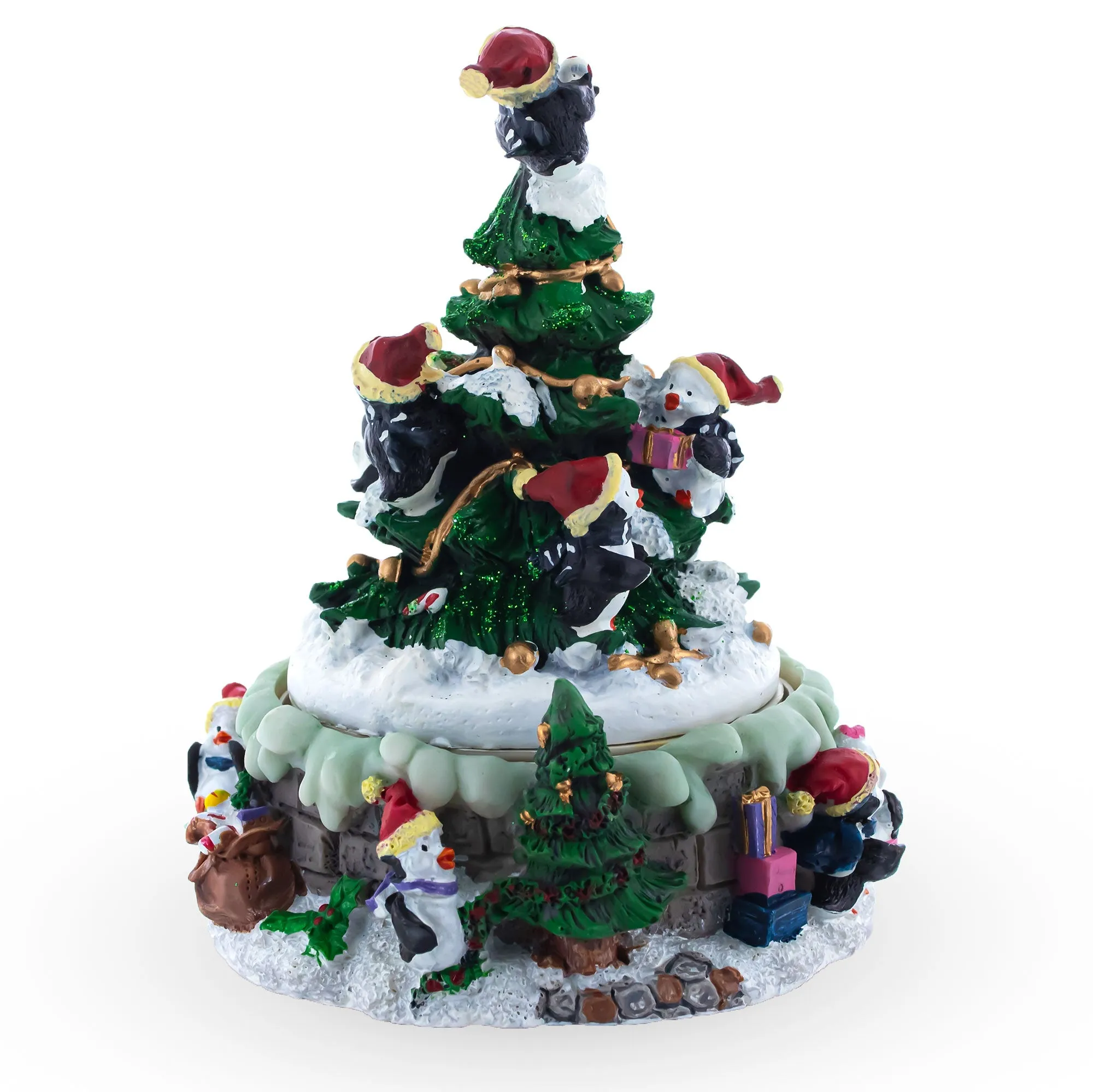 Penguin Festivity: Spinning Christmas Tree Musical Figurine with Decorating Penguins