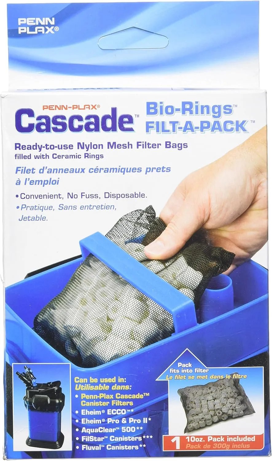 Penn-Plax Cascade 1200 Aquarium Canister Filter, 315 Gallons per Hour & Cascade Filt-a-Pack Aquarium Canister Filter Media Bag with Bio Rings – 10 Oz – 1-Pack