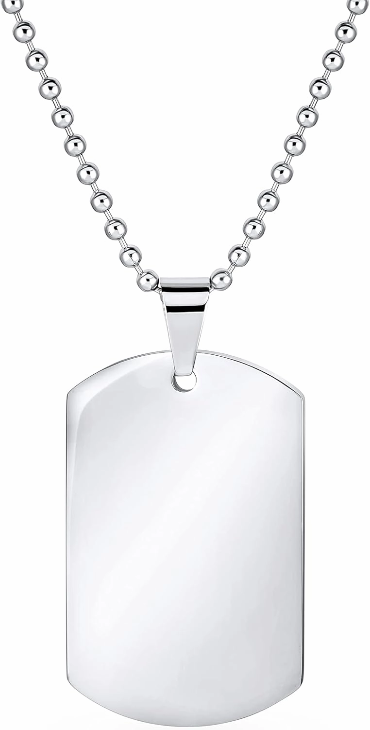 Personalized X-Large Plain Simple Basic Cool Mens Identification Military Army Dog Tag Pendant Necklace For Men Teens Polished Black Gold Silver Tone Stainless Steel 24 Inch Ball Chain Customizable