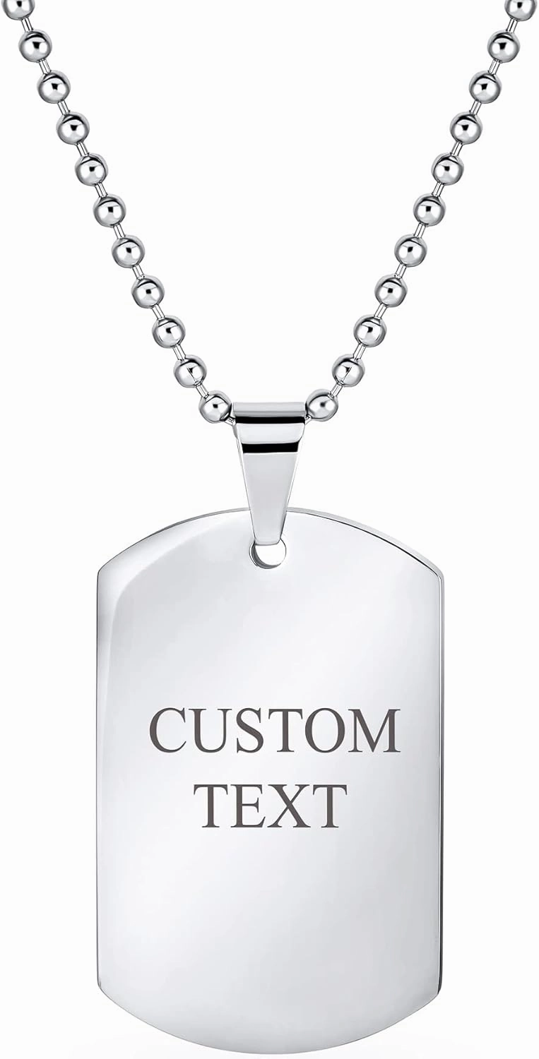 Personalized X-Large Plain Simple Basic Cool Mens Identification Military Army Dog Tag Pendant Necklace For Men Teens Polished Black Gold Silver Tone Stainless Steel 24 Inch Ball Chain Customizable