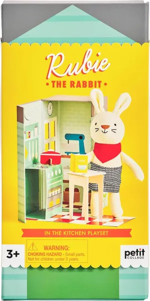 Petit Collage Rubie The Rabbit Kitchen Play Set Includes Stuffed Animal Toy and Pop-Out Play Set Box