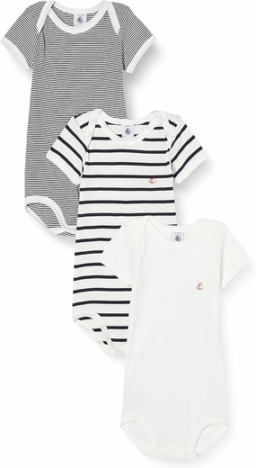 Petit Bateau Babies' Short-Sleeved Bodysuit - 3-Piece Set Style 53728-00 Sizes NB-36/M (Size 36 Months Style 53728 Boys) Multi