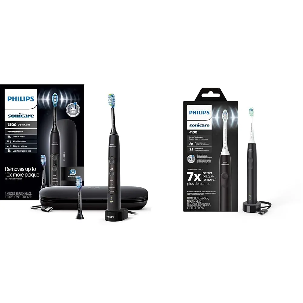Philips Sonicare ExpertClean 7500, Rechargeable Electric Power Toothbrush, Black, HX9690/05 & 4100 Power Toothbrush, Rechargeable Electric Toothbrush with Pressure Sensor, Black