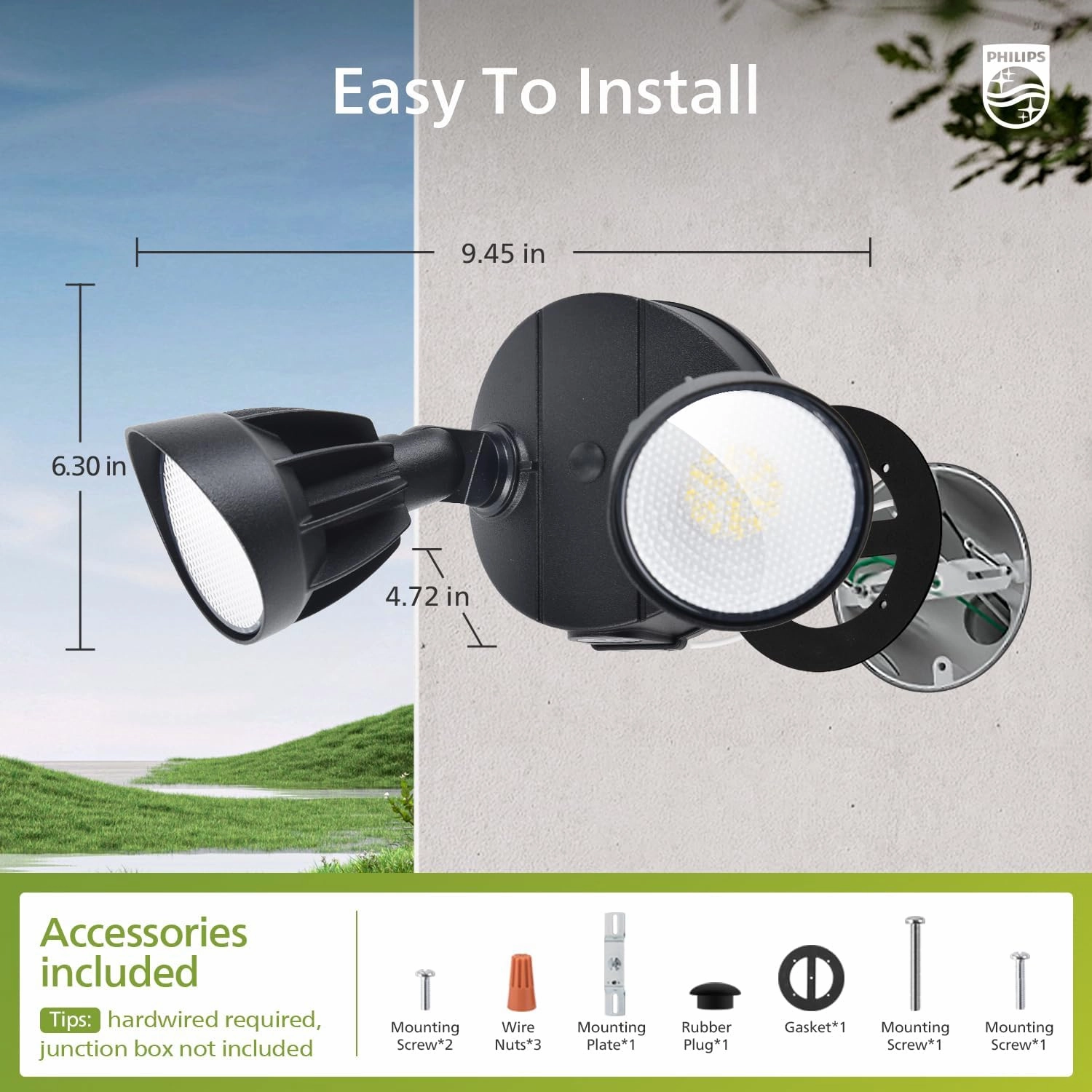 Philips Dusk to Dawn 44W 3500LM LED Security Flood Lights Outdoor, 5000K Daylight, Wet Location, Dual Adjustable Heads Aluminum Wall Light for Yard Garage Porch