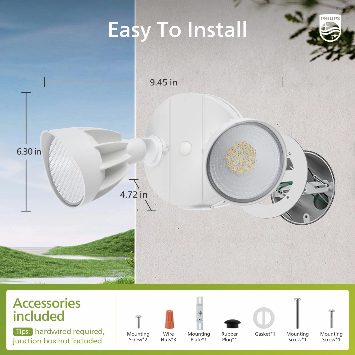 Philips Dusk to Dawn 44W 3500LM LED Security Flood Lights Outdoor, 5000K Daylight, Wet Location, Dual Adjustable Heads Aluminum Wall Light for Yard Garage Porch