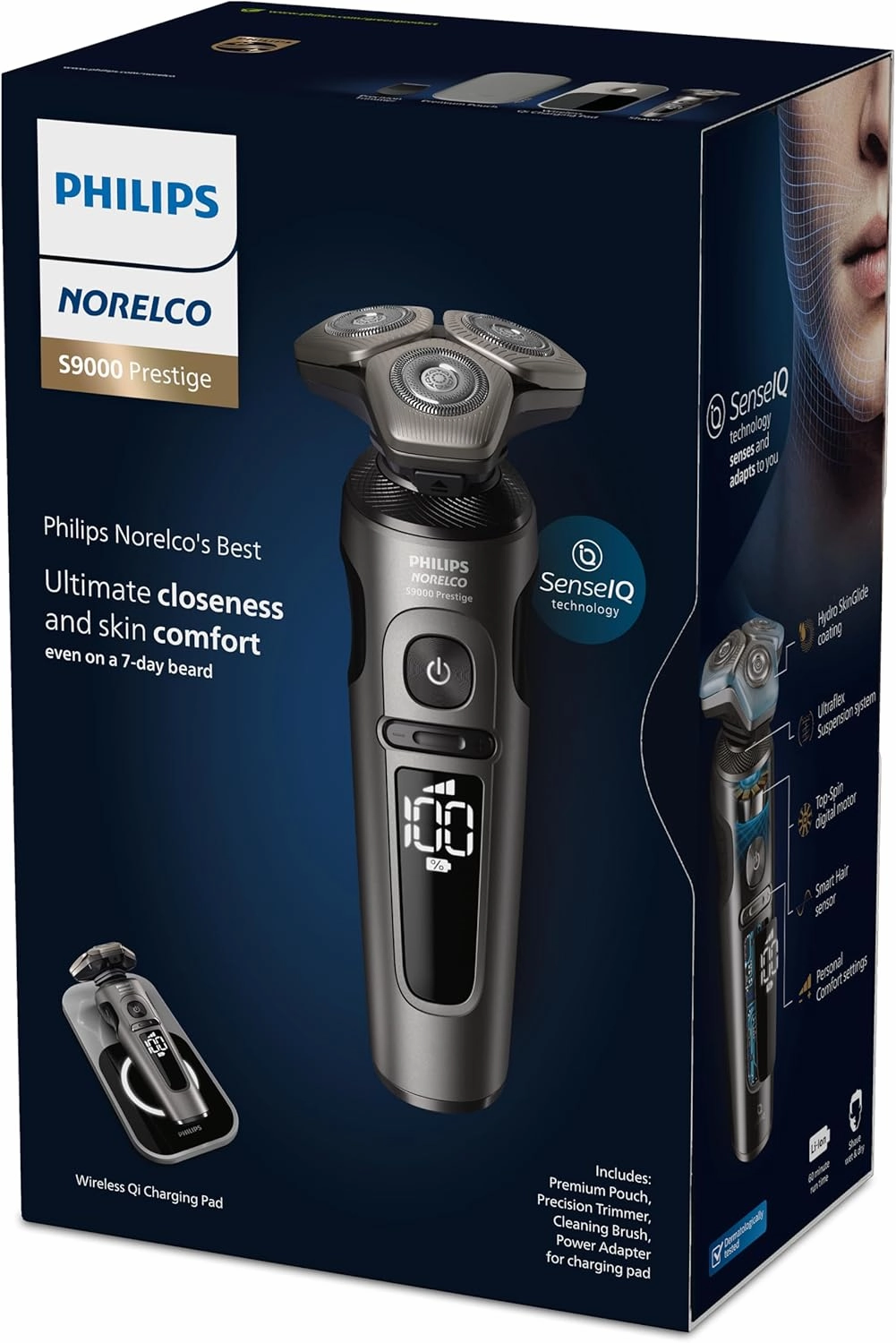 Philips Norelco S9000 Prestige Electric Shaver with Qi-Charger, Precision Trimmer and Premium Case, SP9872/86