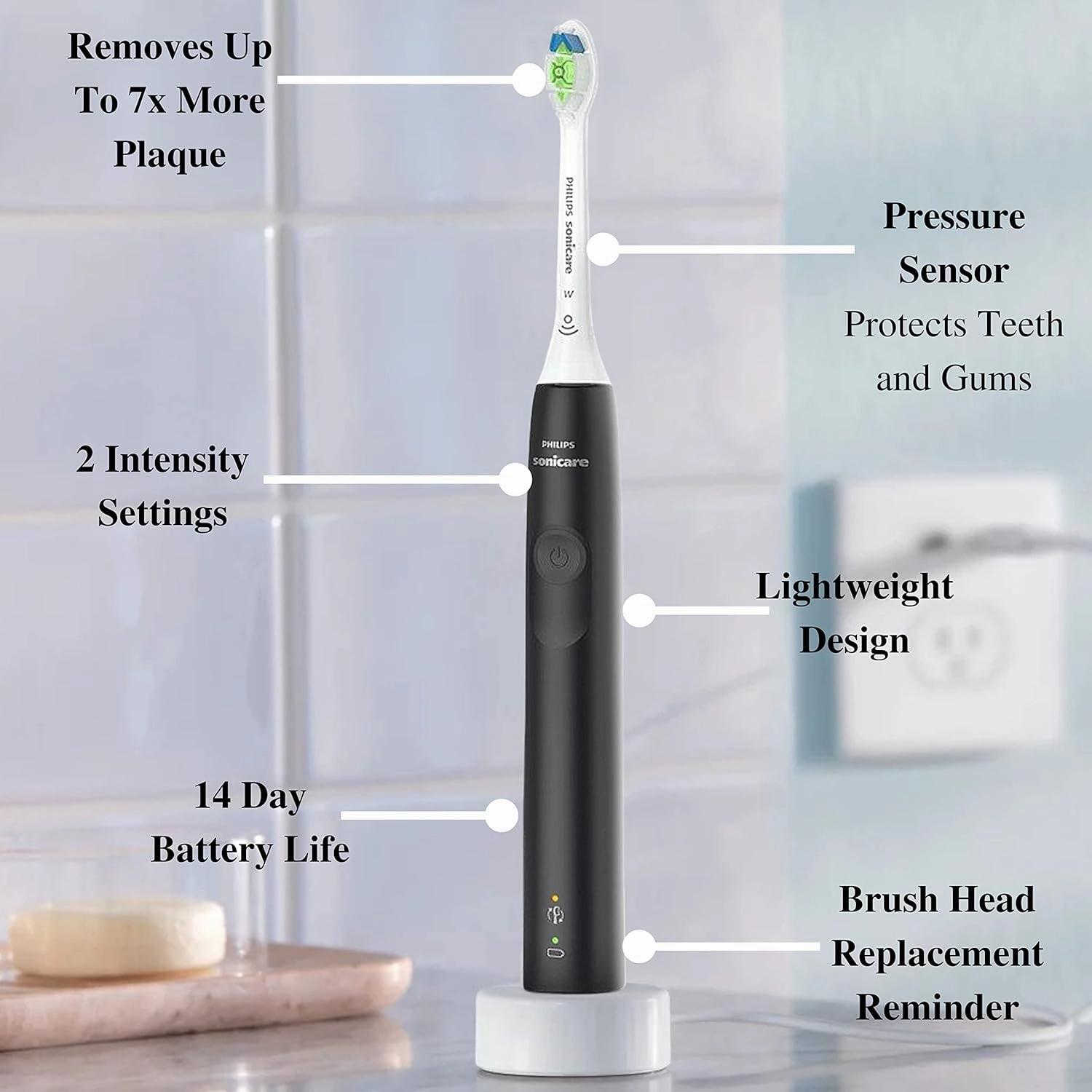 PHILIPS Sonicare Electric Toothbrush with DiamondClean Brush Head, Phillips Sonicare Rechargeable Toothbrush with Pressure Sensor, Sonic Electronic Toothbrush, Travel Case, Black 1.0 Count